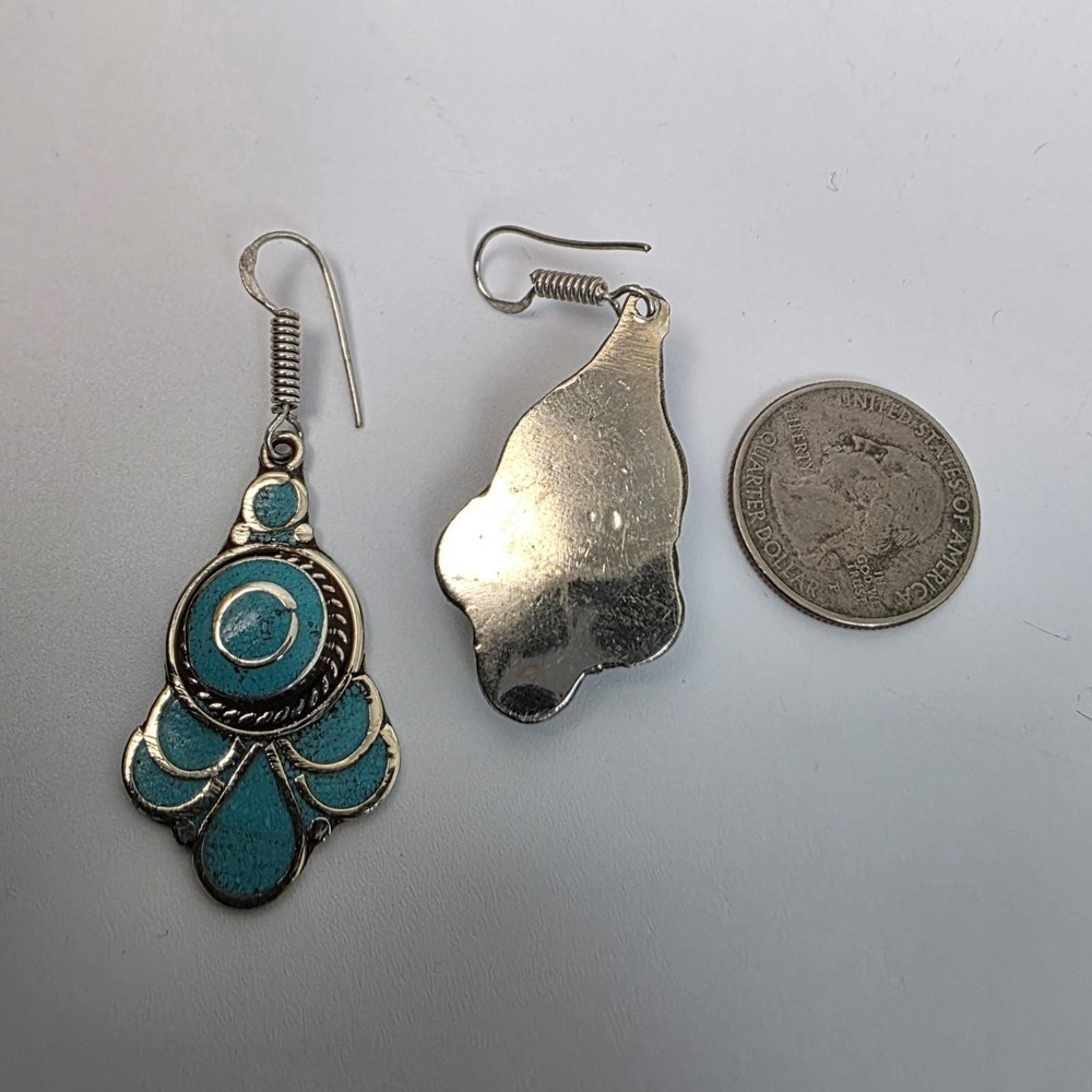 Tibetan Handmade Dangle Earrings In Turquoise Gemstones Boho Style - Picture 4 of 6